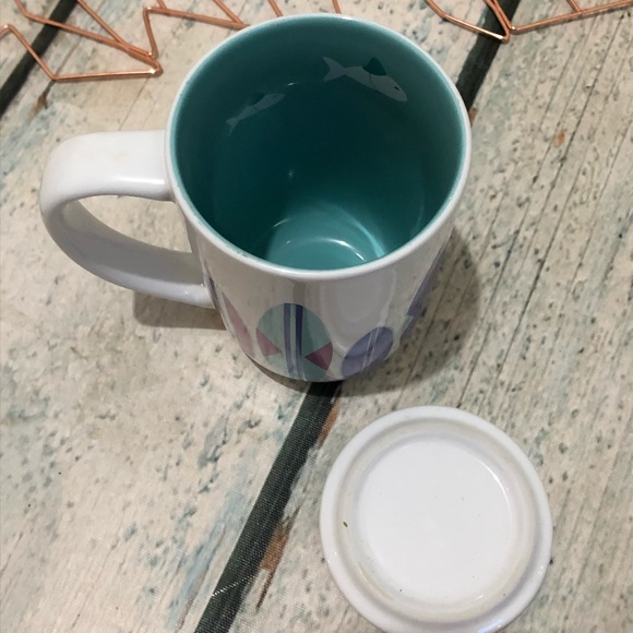 Davids tea Nordic mug Surf boards shark beach blue purple lid infuser ceramic - Picture 4 of 6